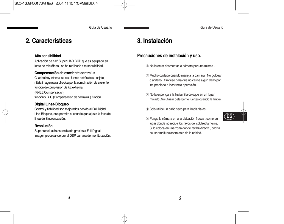 Instalación, Características | Samsung SCC-101BP User Manual | Page 47 / 99