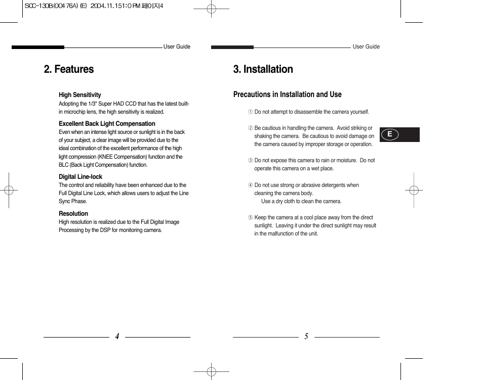 Installation, Features | Samsung SCC-101BP User Manual | Page 5 / 99