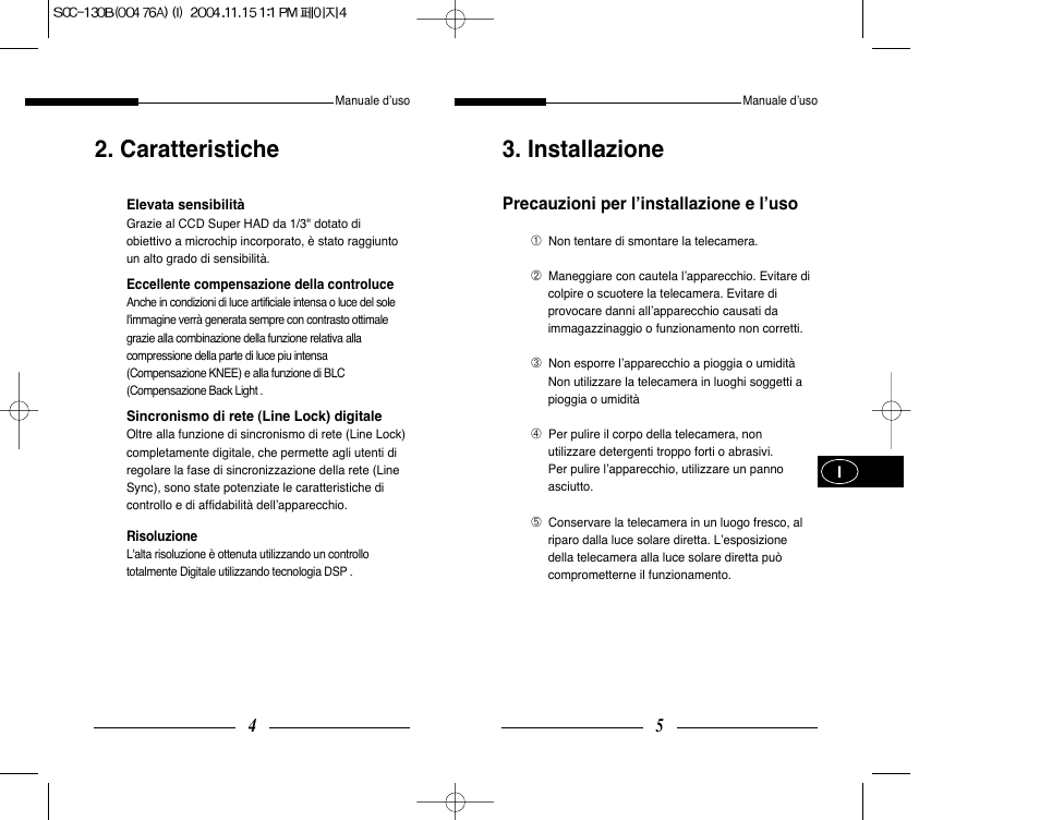 Installazione, Caratteristiche | Samsung SCC-101BP User Manual | Page 61 / 99