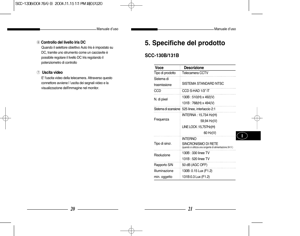 Specifiche del prodotto | Samsung SCC-101BP User Manual | Page 69 / 99