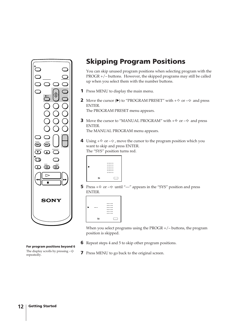 Skipping program positions, Press menu to display the main menu, Press menu to go back to the original screen | Sony KV-14VM5MT User Manual | Page 12 / 41