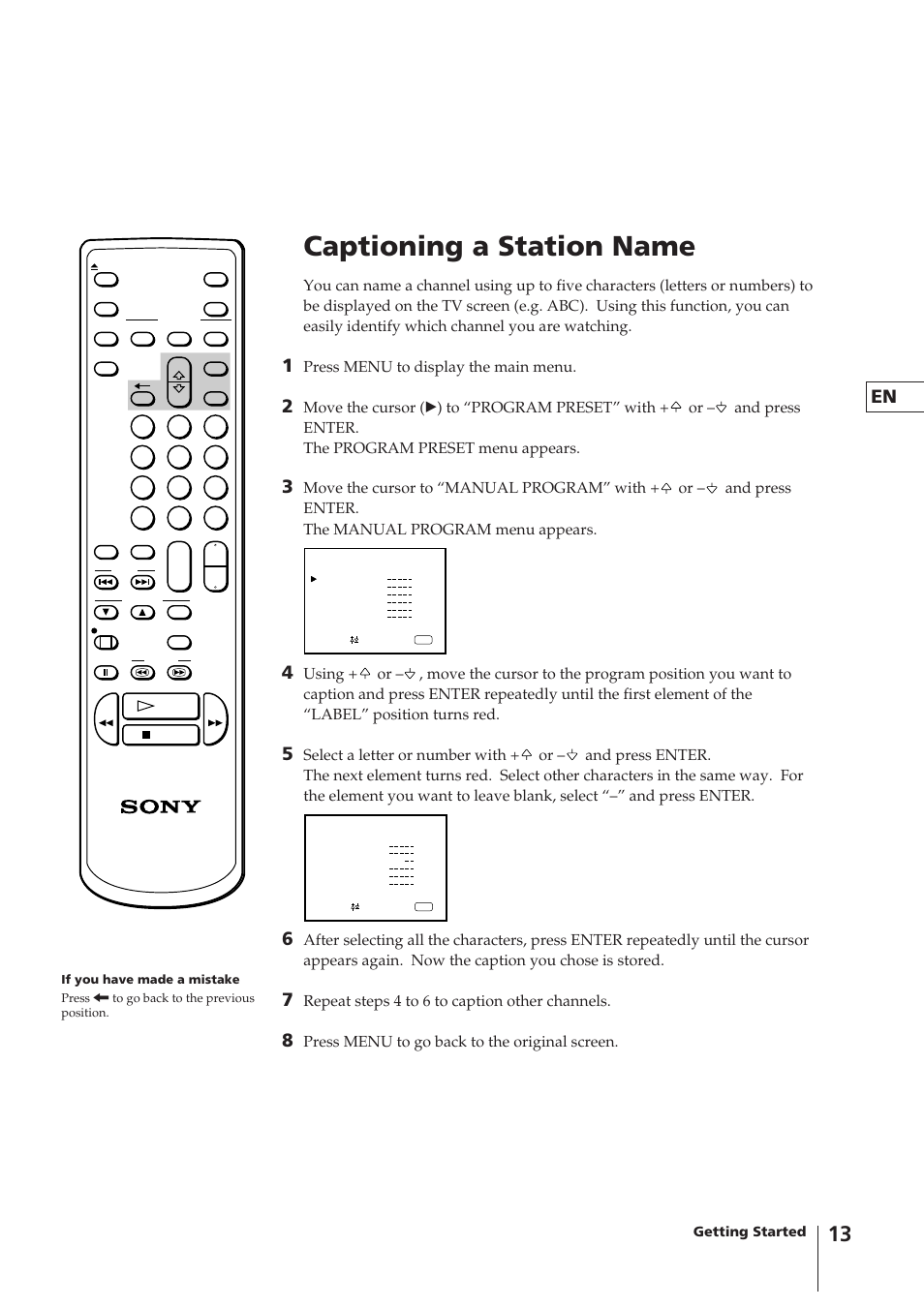 Captioning a station name, Press menu to display the main menu, Repeat steps 4 to 6 to caption other channels | Press menu to go back to the original screen | Sony KV-14VM5MT User Manual | Page 13 / 41