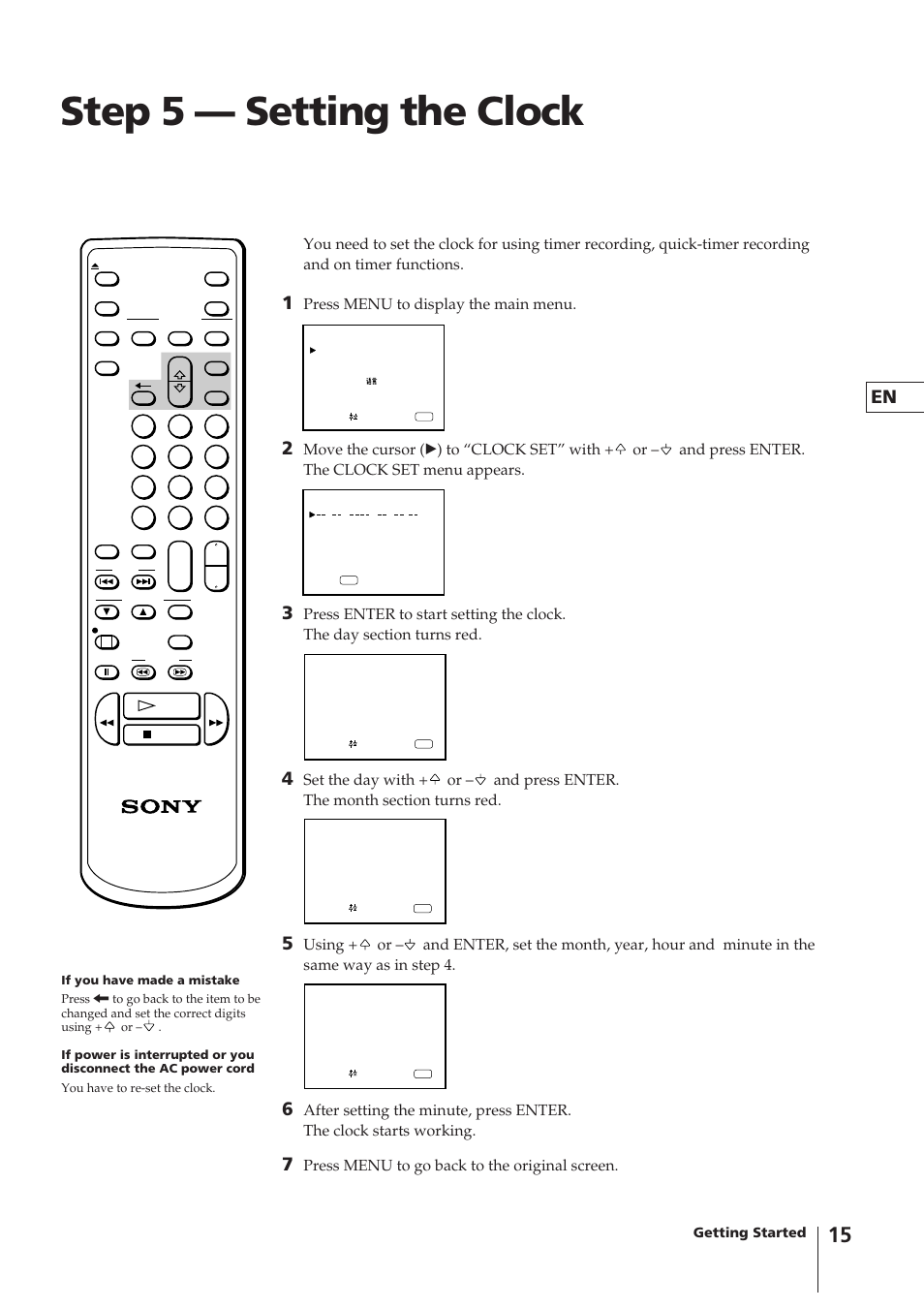 Step 5 — setting the clock, Press menu to display the main menu, Press menu to go back to the original screen | Sony KV-14VM5MT User Manual | Page 15 / 41