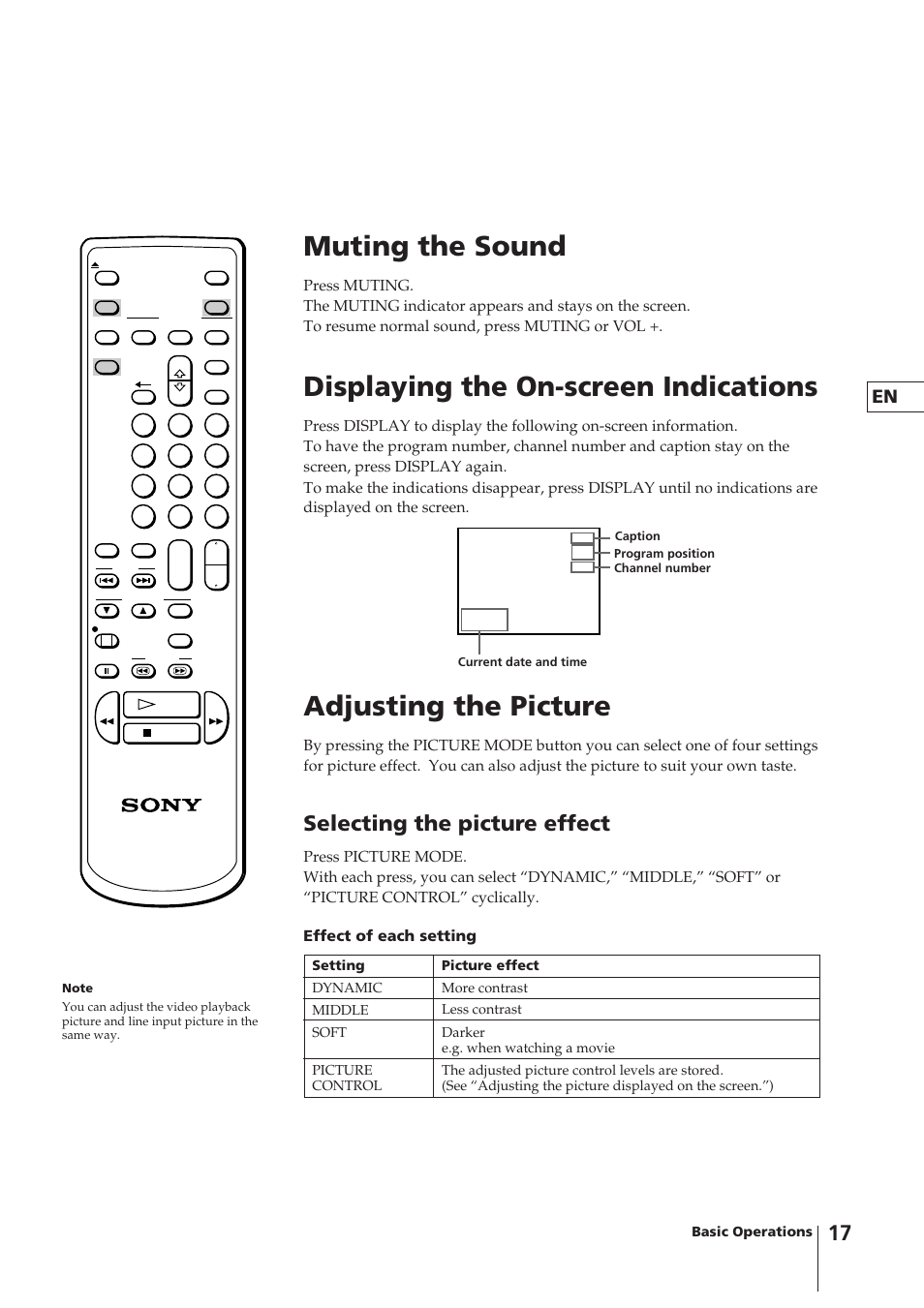 Muting the sound, Displaying the on-screen indications, Adjusting the picture | Selecting the picture effect | Sony KV-14VM5MT User Manual | Page 17 / 41