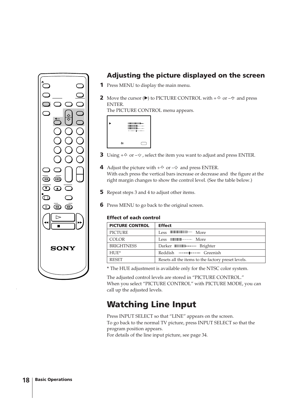 Watching line input, Adjusting the picture displayed on the screen | Sony KV-14VM5MT User Manual | Page 18 / 41
