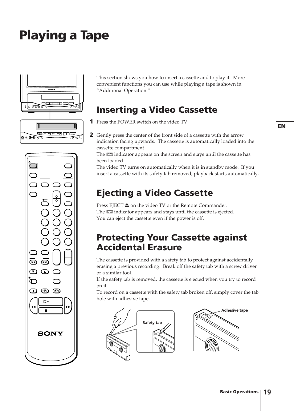 Playing a tape, Inserting a video cassette, Ejecting a video cassette | Sony KV-14VM5MT User Manual | Page 19 / 41