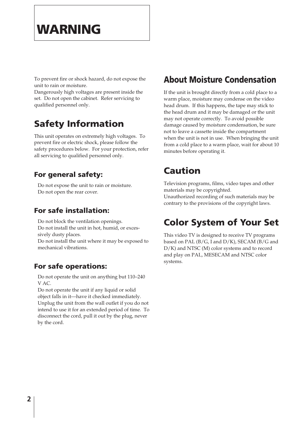 Warning, About moisture condensation, Caution | Color system of your set, Safety information | Sony KV-14VM5MT User Manual | Page 2 / 41