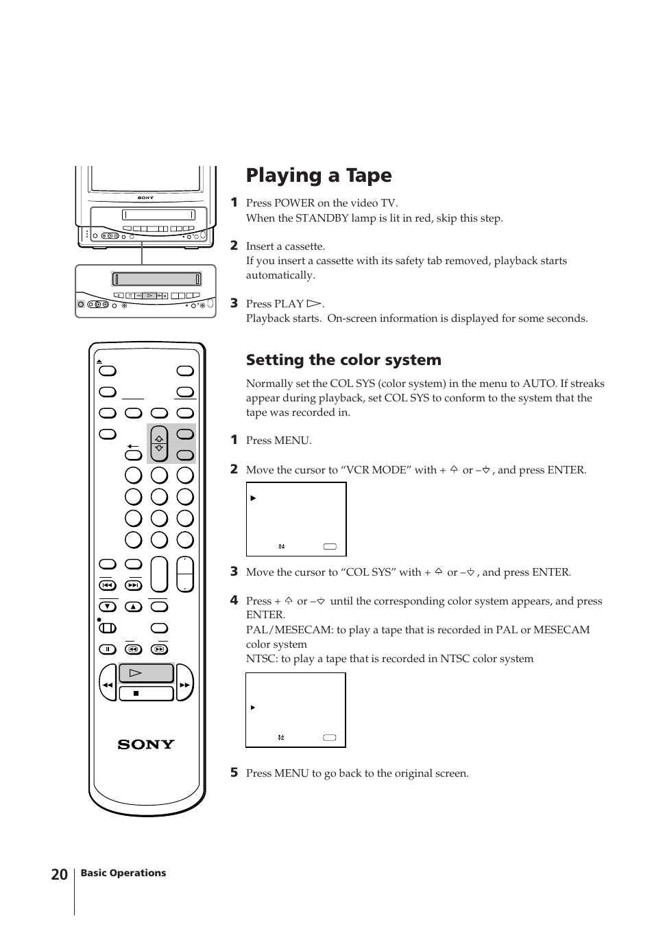 Playing a tape, Setting the color system | Sony KV-14VM5MT User Manual | Page 20 / 41