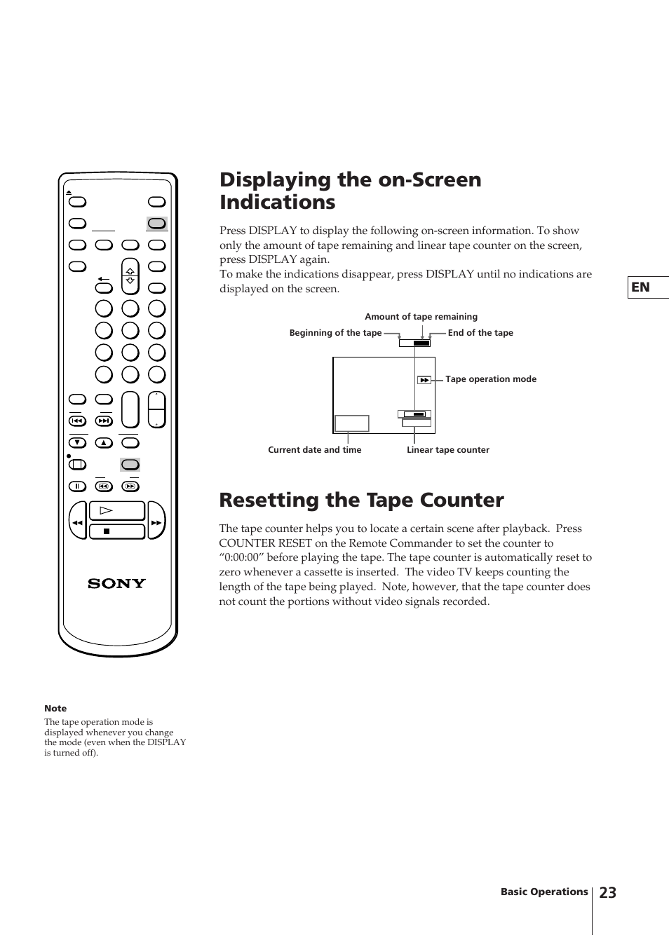 Displaying the on-screen indications, Resetting the tape counter | Sony KV-14VM5MT User Manual | Page 23 / 41