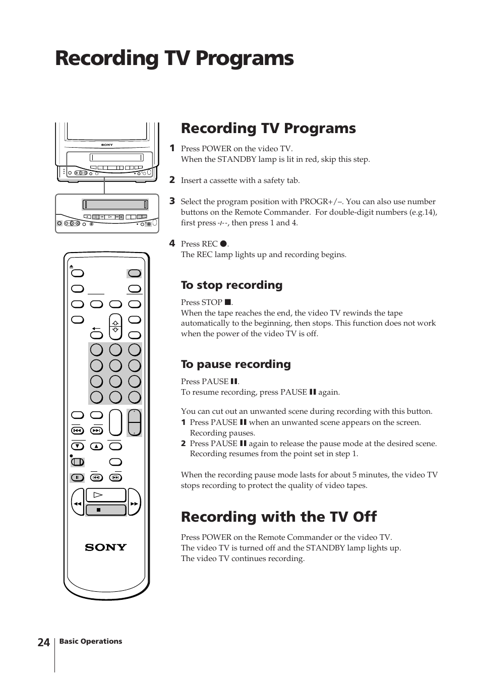Recording tv programs, Recording with the tv off | Sony KV-14VM5MT User Manual | Page 24 / 41