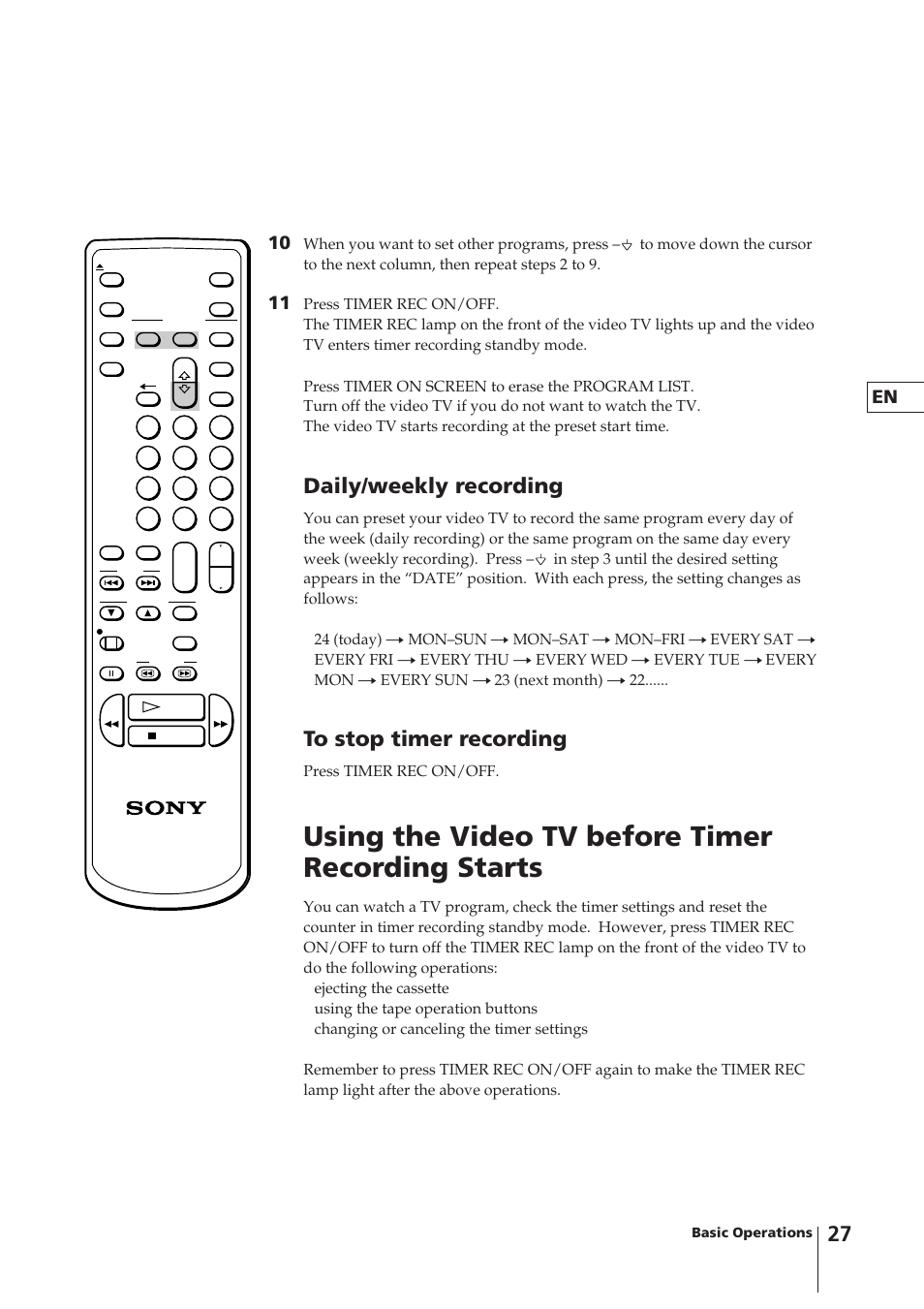 Using the video tv before timer recording starts, Daily/weekly recording | Sony KV-14VM5MT User Manual | Page 27 / 41