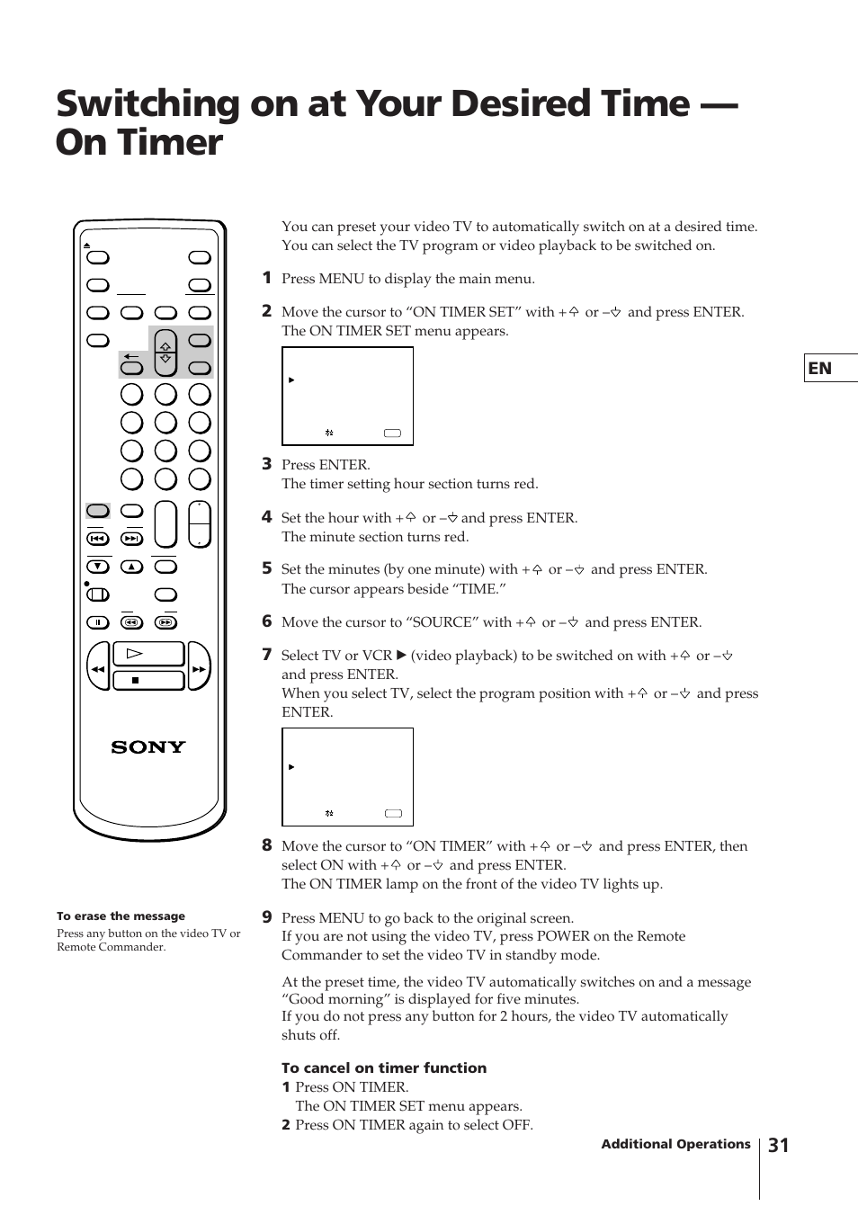 Switching on at your desired time — on timer | Sony KV-14VM5MT User Manual | Page 31 / 41