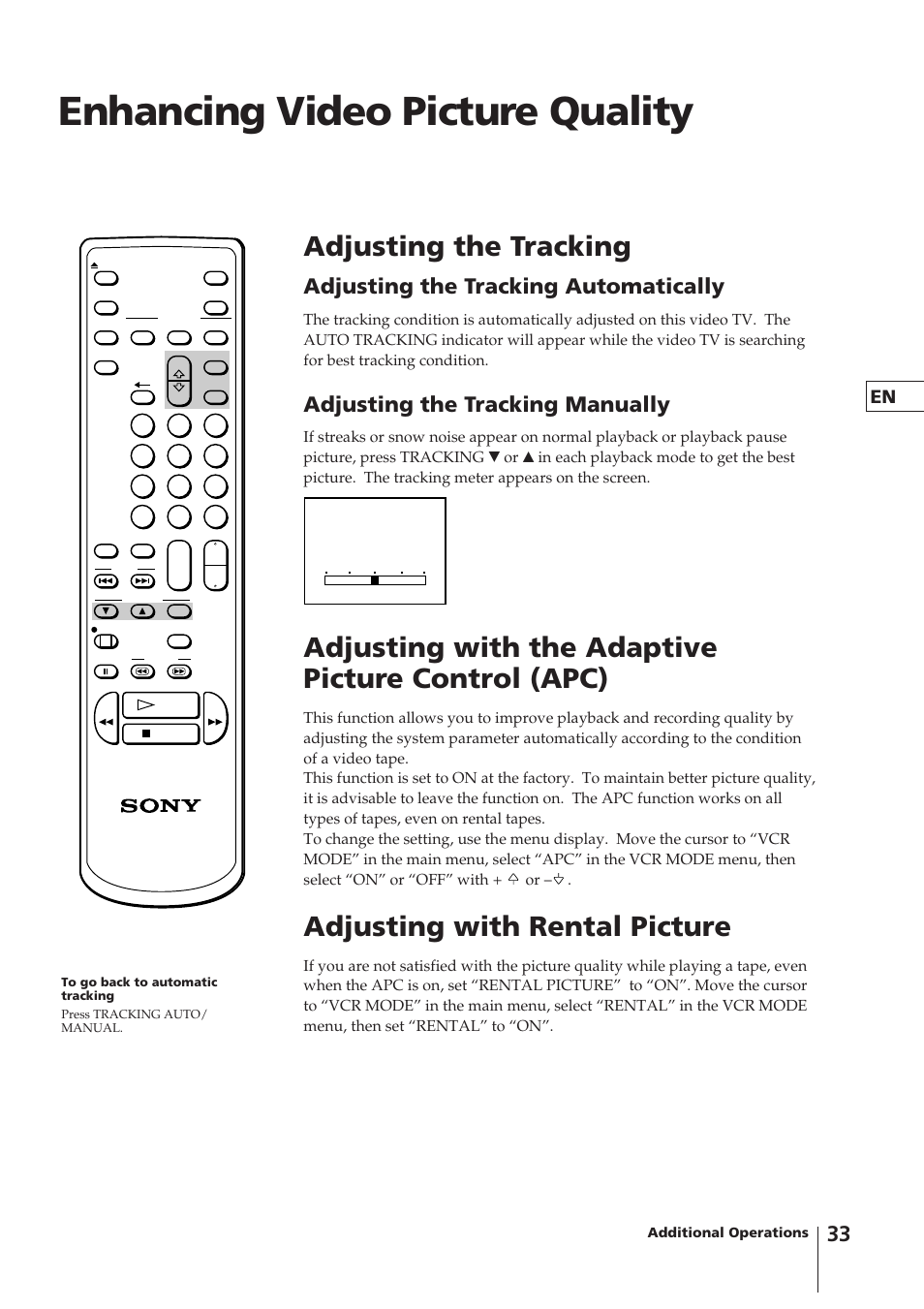 Enhancing video picture quality, Adjusting the tracking, Adjusting with the adaptive picture control (apc) | Adjusting with rental picture, Adjusting the tracking automatically, Adjusting the tracking manually | Sony KV-14VM5MT User Manual | Page 33 / 41