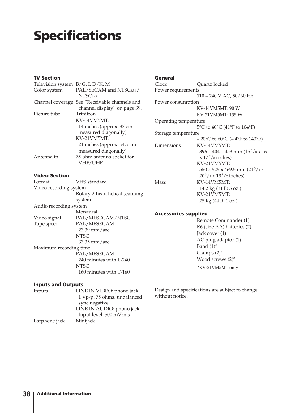 Specifications | Sony KV-14VM5MT User Manual | Page 38 / 41