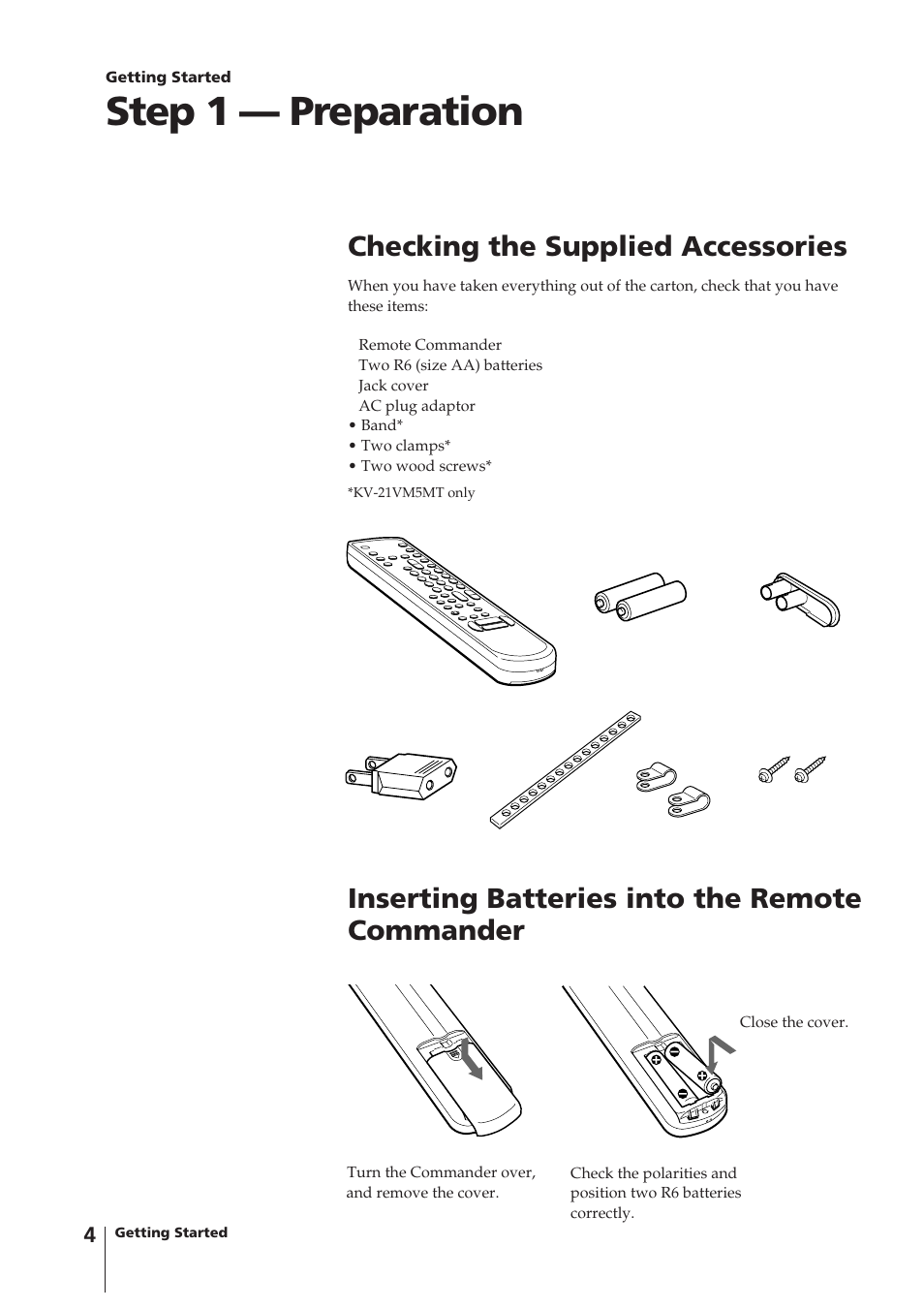 Step 1 — preparation, Checking the supplied accessories, Inserting batteries into the remote commander | Sony KV-14VM5MT User Manual | Page 4 / 41