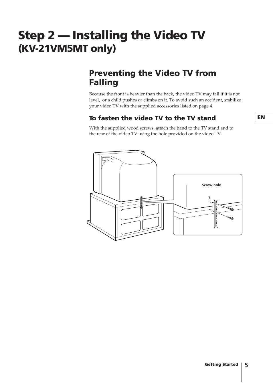 Step 2 — installing the video tv, Kv-21vm5mt only), Preventing the video tv from falling | Sony KV-14VM5MT User Manual | Page 5 / 41