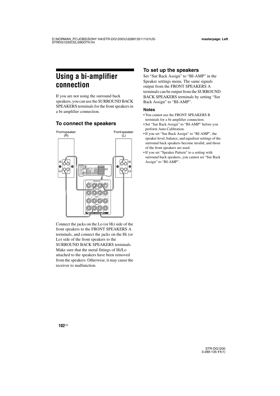 Using a bi-amplifier connection | Sony R-DG1200 User Manual | Page 102 / 136