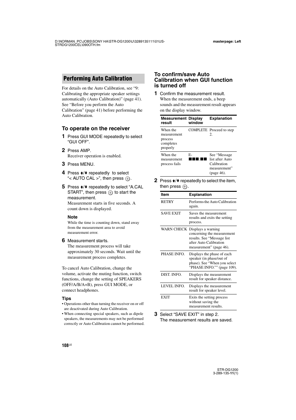 Performing auto calibration | Sony R-DG1200 User Manual | Page 108 / 136