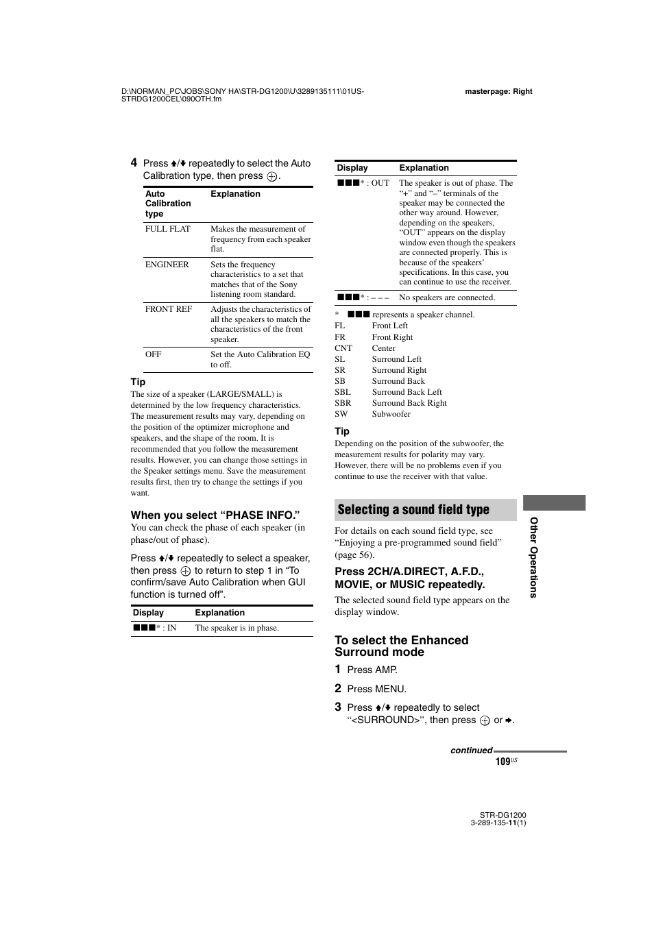 Selecting a sound field type | Sony R-DG1200 User Manual | Page 109 / 136
