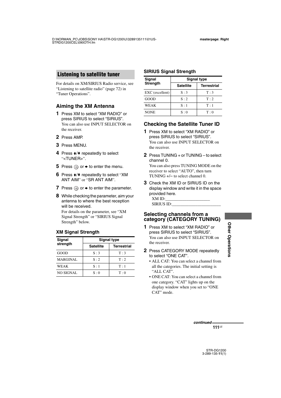 Listening to satellite tuner | Sony R-DG1200 User Manual | Page 111 / 136