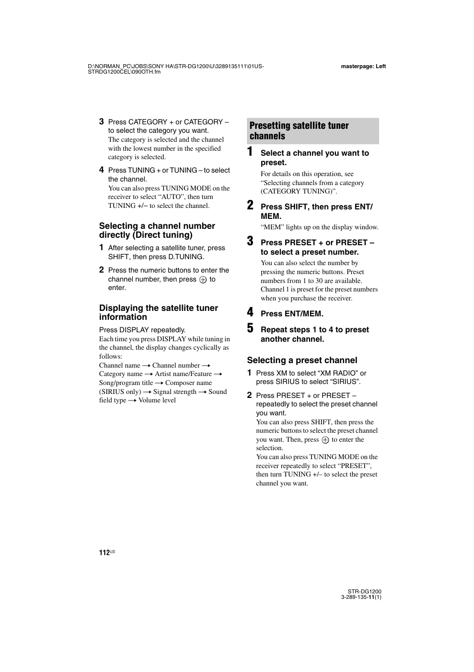 Presetting satellite tuner channels | Sony R-DG1200 User Manual | Page 112 / 136