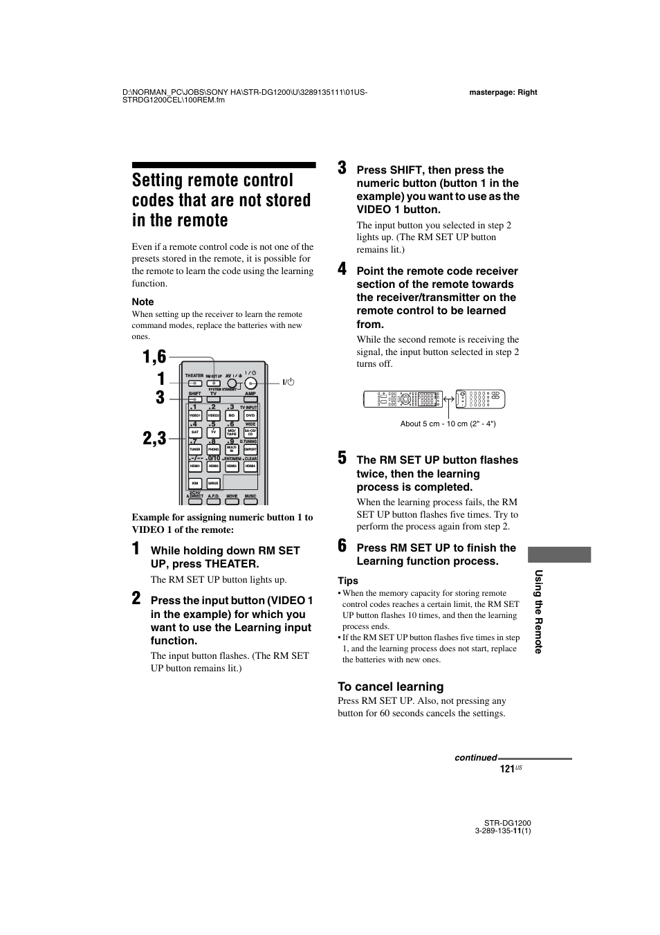 Setting remote control codes that are not, Stored in the remote, While holding down rm set up, press theater | Using the rem o te, The rm set up button lights up, Tips | Sony R-DG1200 User Manual | Page 121 / 136