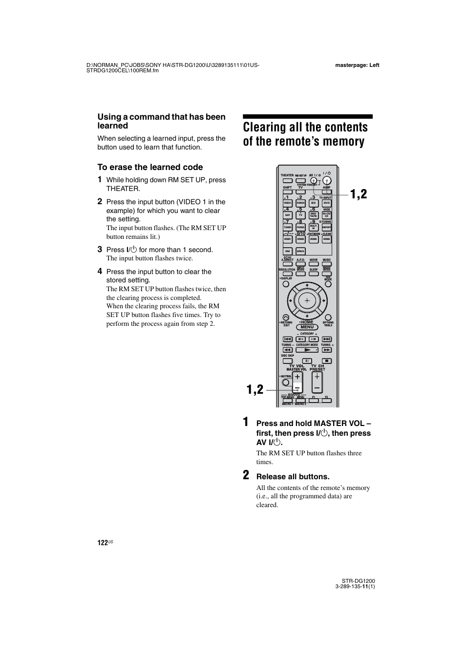 Clearing all the contents of the remote’s memory, Clearing all the contents of the remote’s, Memory | Using a command that has been learned, Release all buttons, While holding down rm set up, press theater, The rm set up button flashes three times | Sony R-DG1200 User Manual | Page 122 / 136