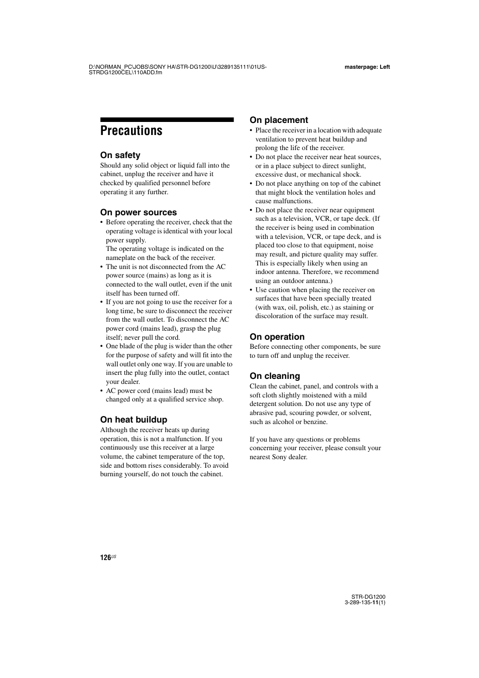 Precautions | Sony R-DG1200 User Manual | Page 126 / 136
