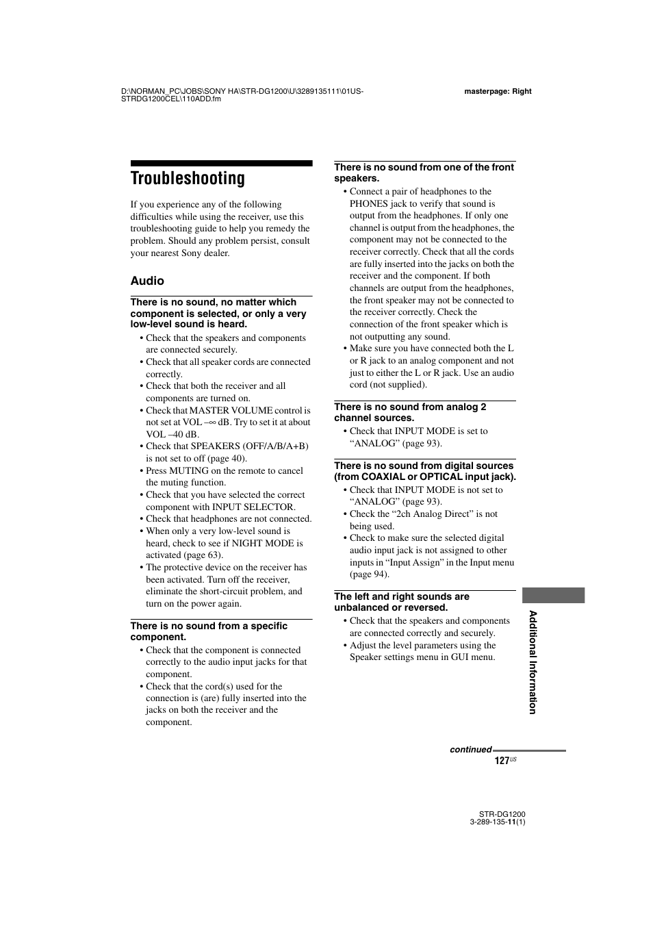 Troubleshooting | Sony R-DG1200 User Manual | Page 127 / 136