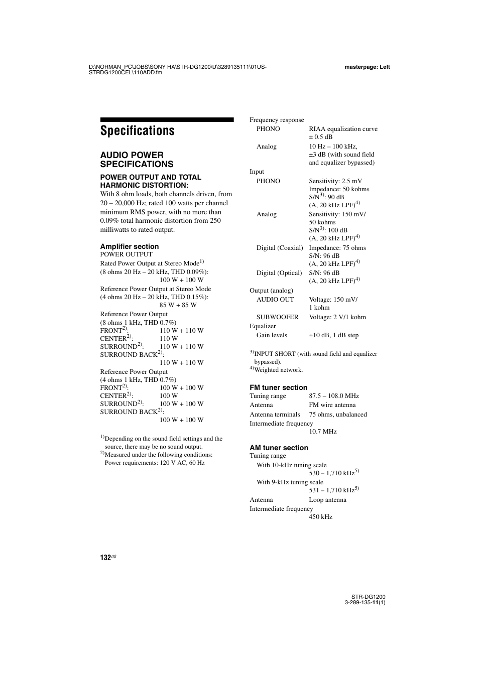 Specifications, Audio power specifications | Sony R-DG1200 User Manual | Page 132 / 136