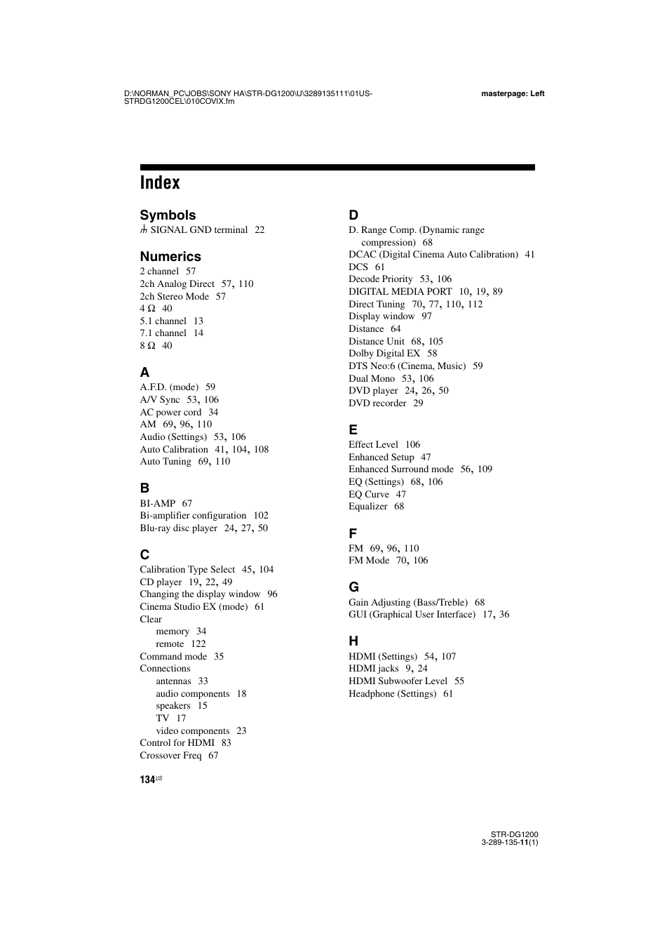 Index | Sony R-DG1200 User Manual | Page 134 / 136