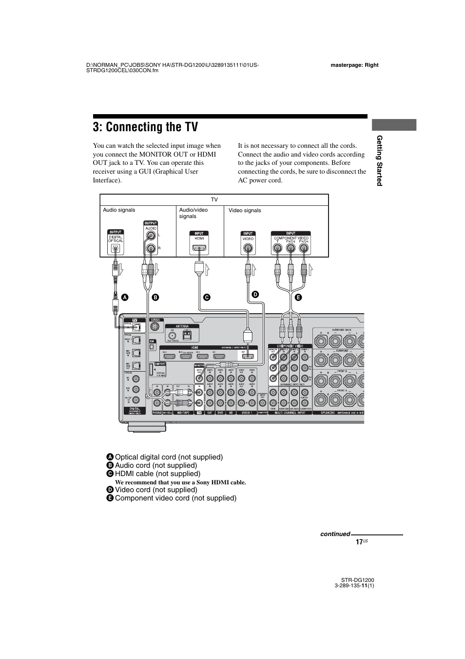 Connecting the tv, Age 17, E 17, 26 | Sony R-DG1200 User Manual | Page 17 / 136