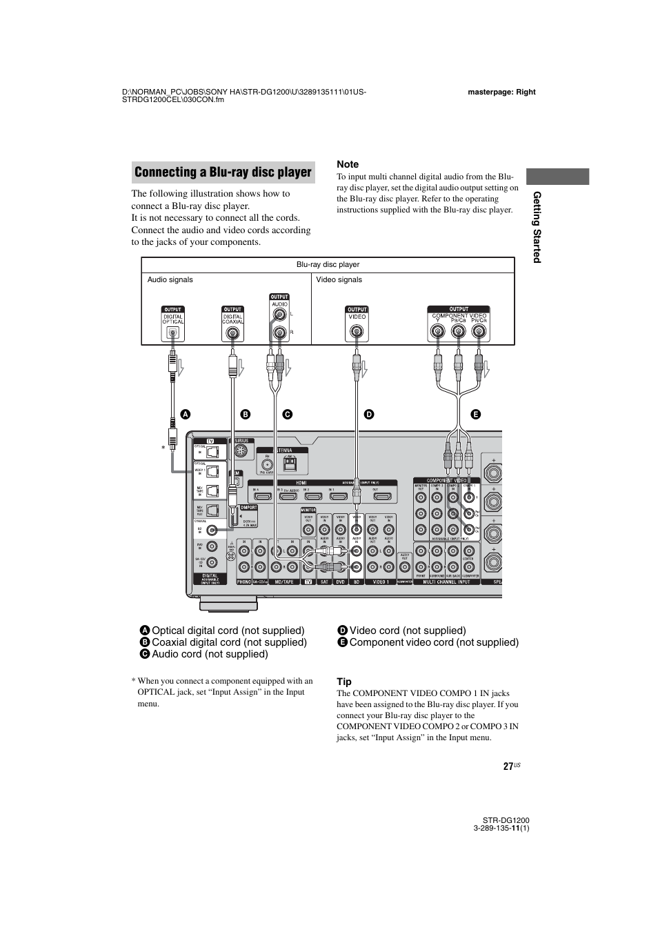 Connecting a blu-ray disc player | Sony R-DG1200 User Manual | Page 27 / 136