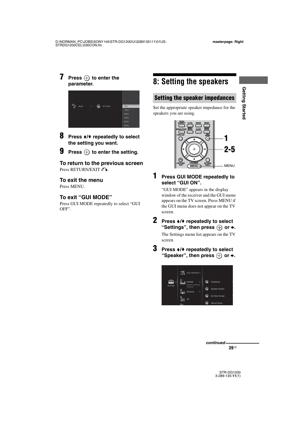 Setting the speakers, Setting the speaker impedances | Sony R-DG1200 User Manual | Page 39 / 136
