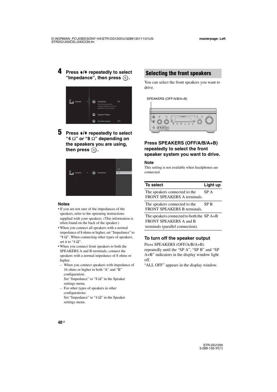 Selecting the front speakers | Sony R-DG1200 User Manual | Page 40 / 136