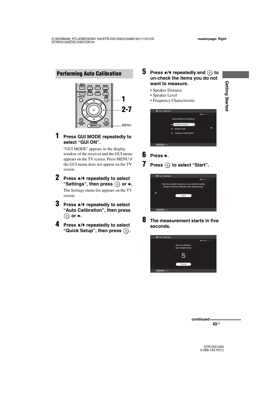 Performing auto calibration | Sony R-DG1200 User Manual | Page 43 / 136