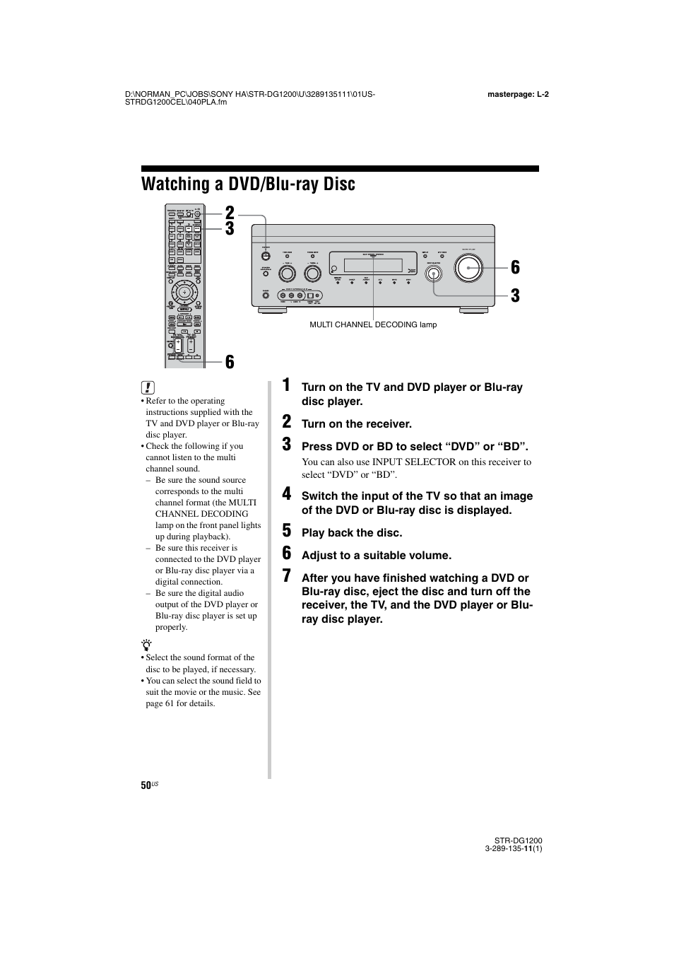Watching a dvd/blu-ray disc, Turn on the receiver, Press dvd or bd to select “dvd” or “bd | Play back the disc, Adjust to a suitable volume, Multi channel decoding lamp | Sony R-DG1200 User Manual | Page 50 / 136