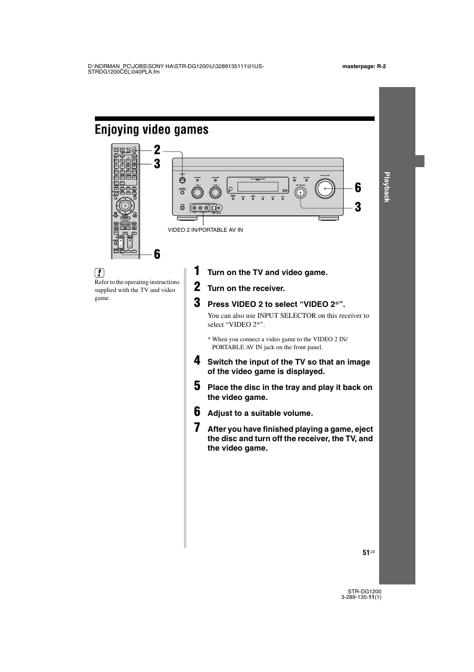 Enjoying video games, Turn on the tv and video game, Turn on the receiver | Press video 2 to select “video 2, Adjust to a suitable volume, Play b a ck, Video 2 in/portable av in | Sony R-DG1200 User Manual | Page 51 / 136