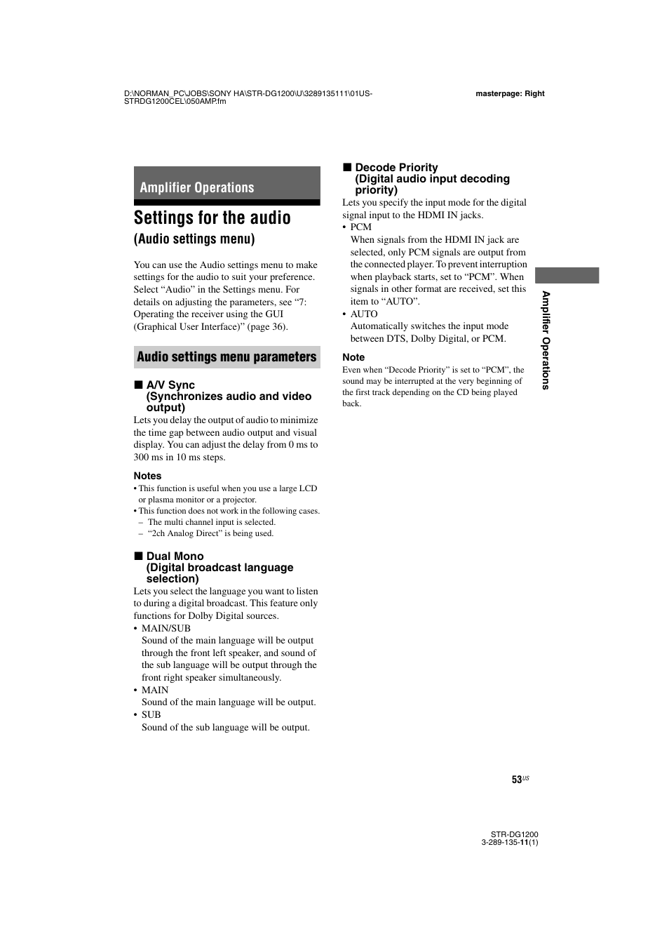 Amplifier operations, Settings for the audio (audio settings menu), Settings for the audio | Audio settings menu) | Sony R-DG1200 User Manual | Page 53 / 136