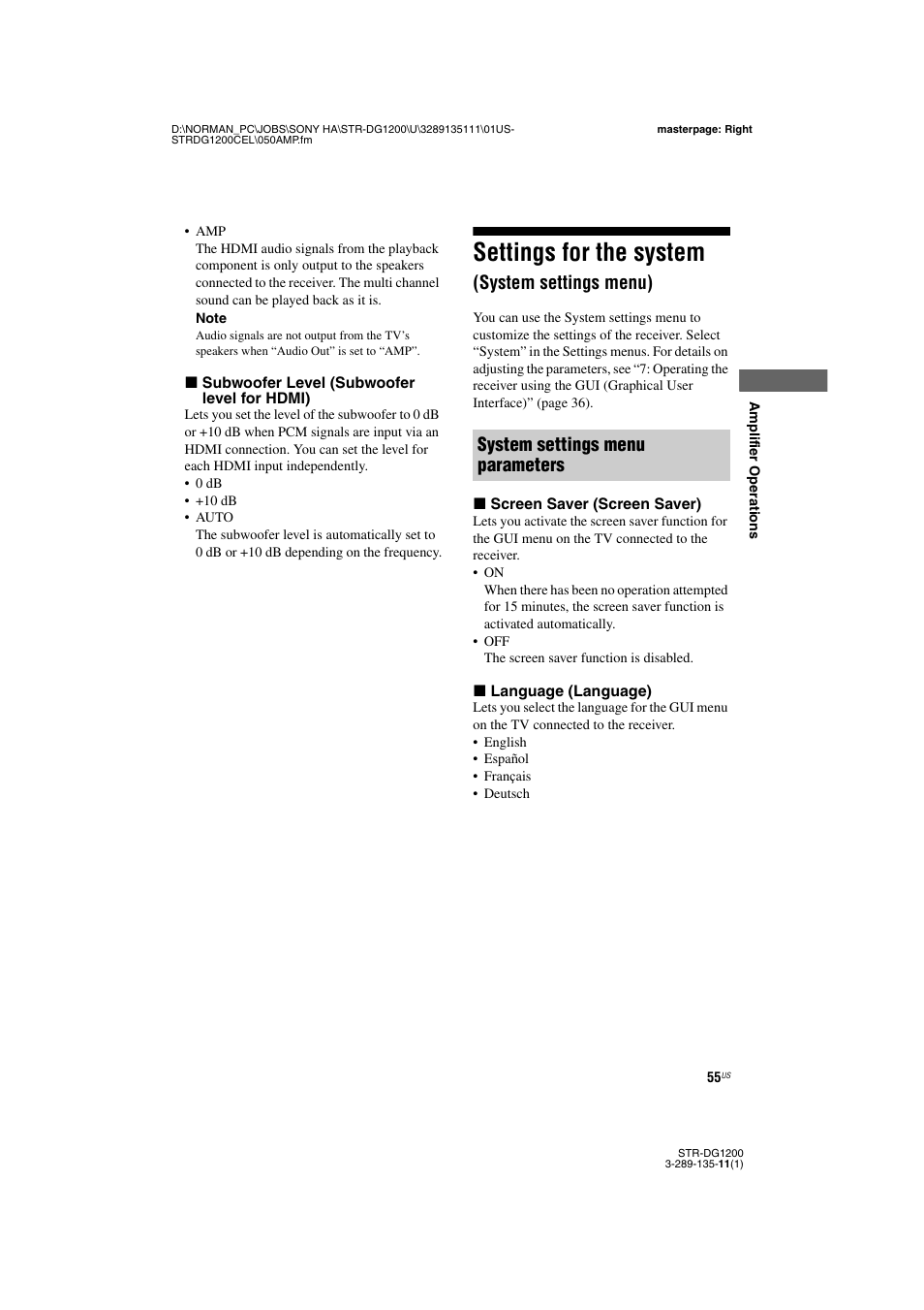 Settings for the system (system settings menu), Settings for the system, System settings menu) | System settings menu parameters | Sony R-DG1200 User Manual | Page 55 / 136