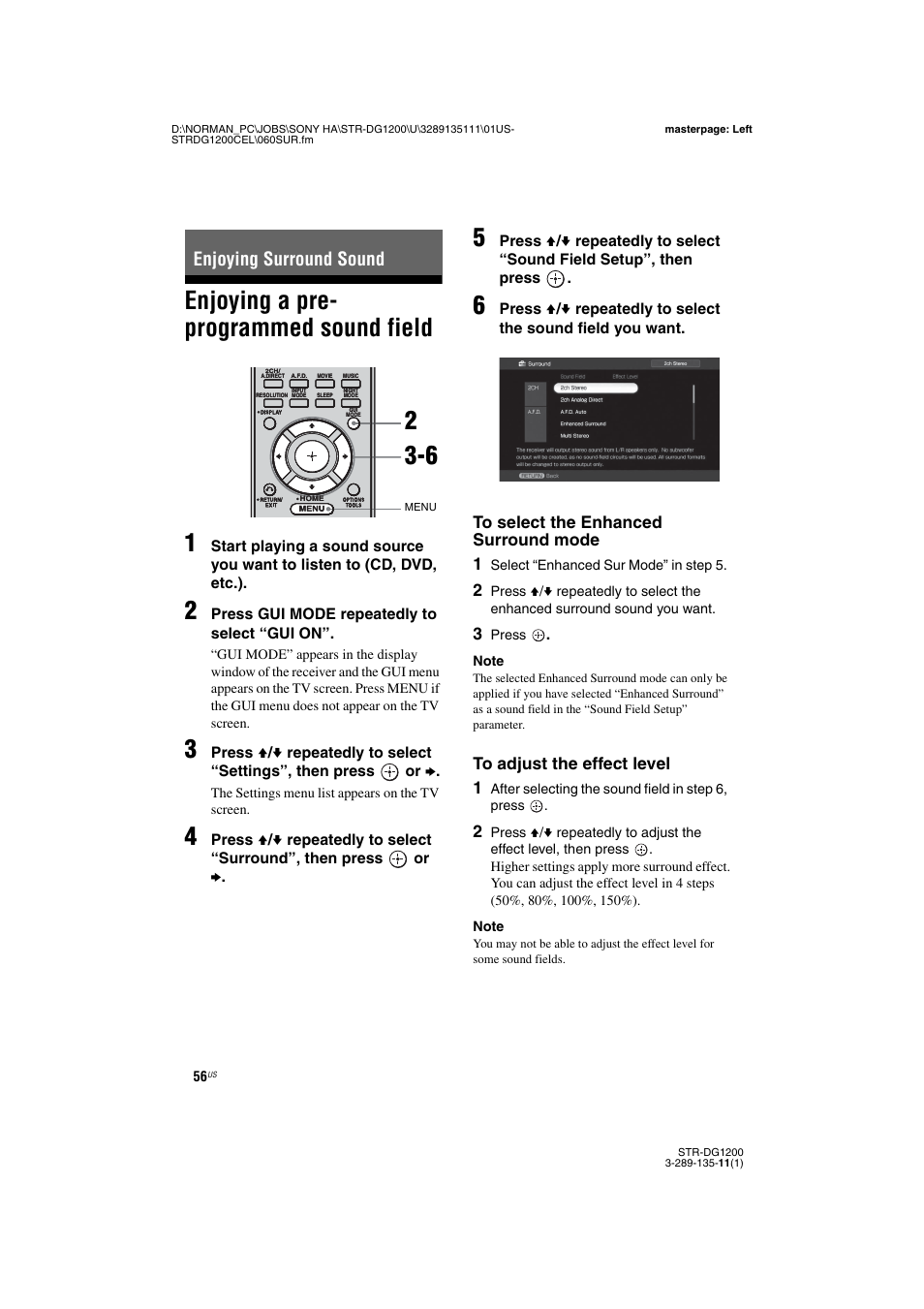 Enjoying surround sound, Enjoying a pre- programmed sound field, Enjoying a pre-programmed sound field | Enjoying a pre- programmed sound field 1 | Sony R-DG1200 User Manual | Page 56 / 136