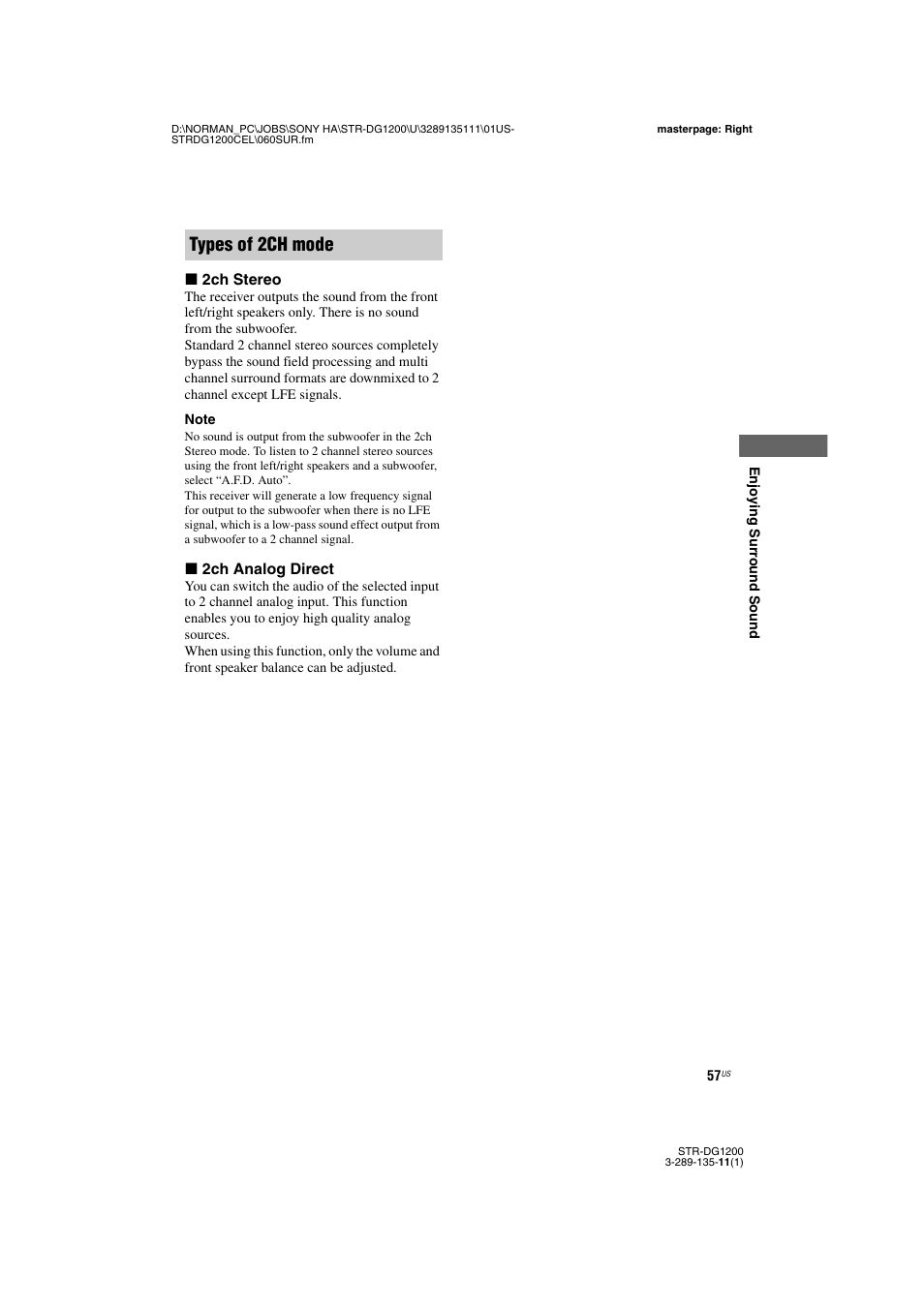 Types of 2ch mode | Sony R-DG1200 User Manual | Page 57 / 136