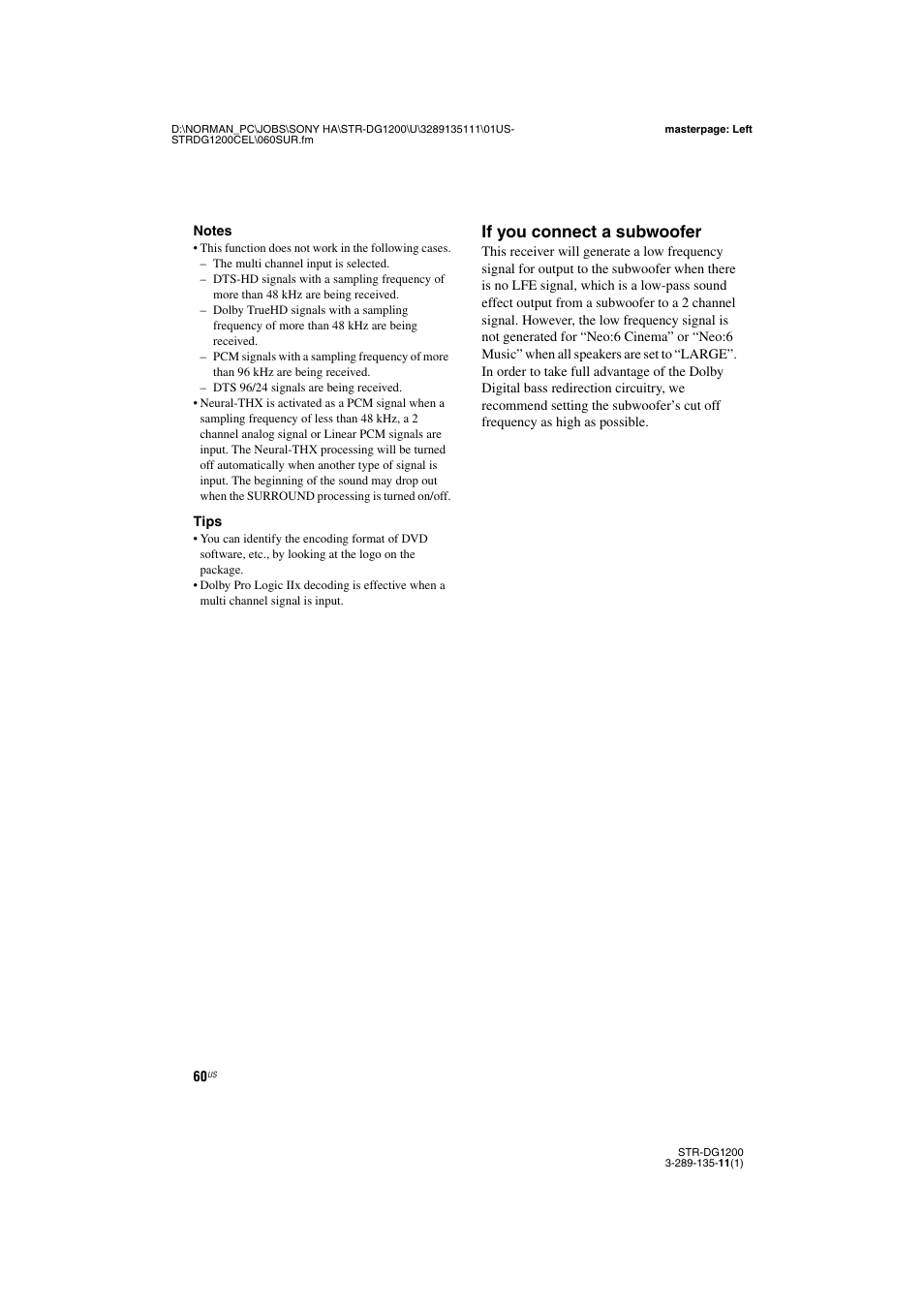 If you connect a subwoofer | Sony R-DG1200 User Manual | Page 60 / 136