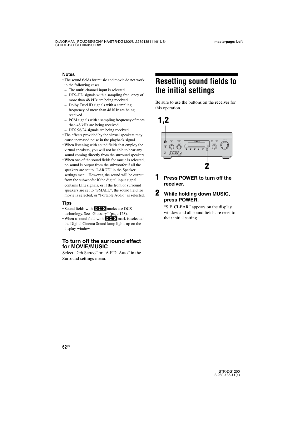 Resetting sound fields to the initial settings, Resetting sound fields to the initial, Settings | Sony R-DG1200 User Manual | Page 62 / 136