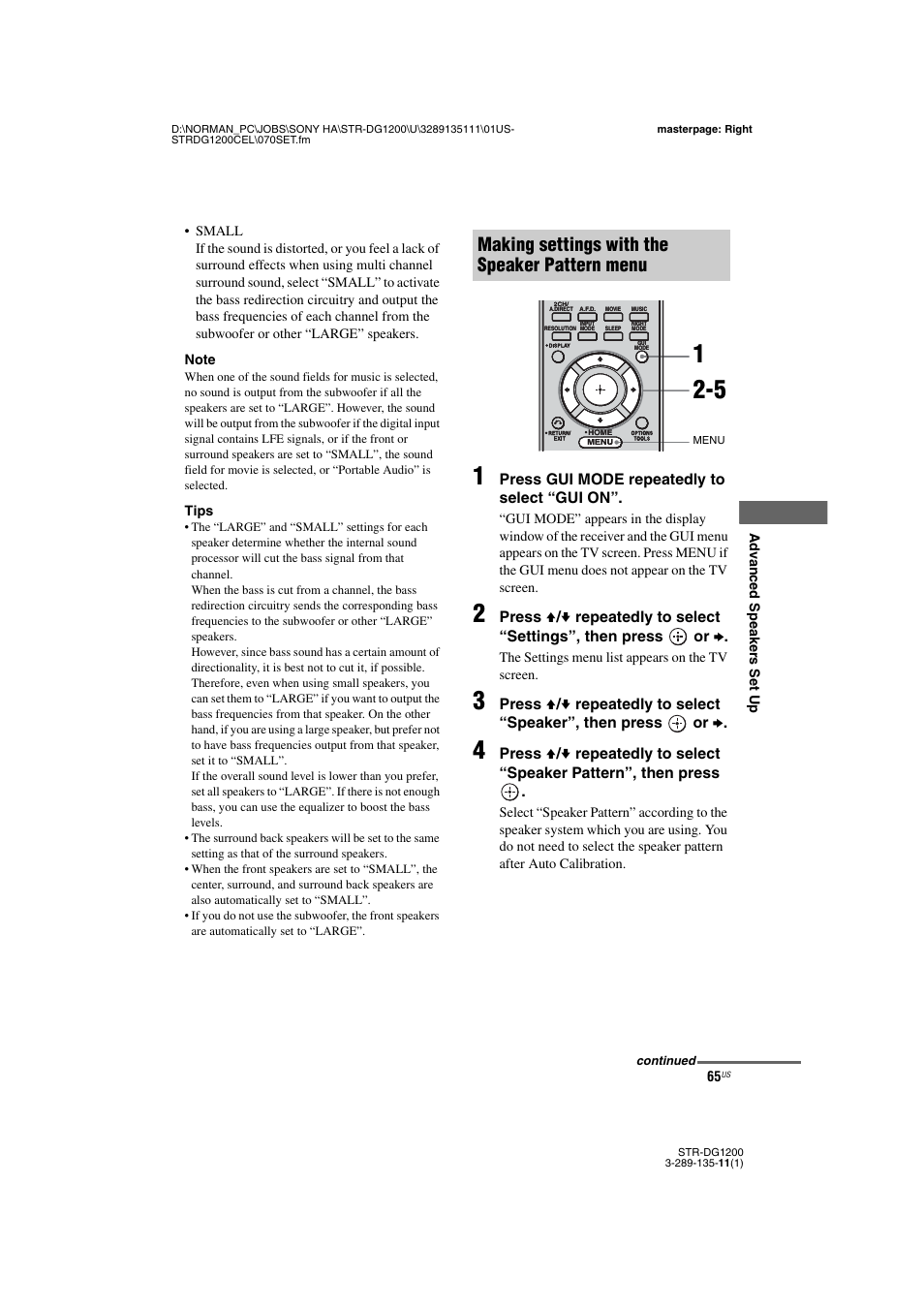 Making settings with the speaker pattern menu | Sony R-DG1200 User Manual | Page 65 / 136