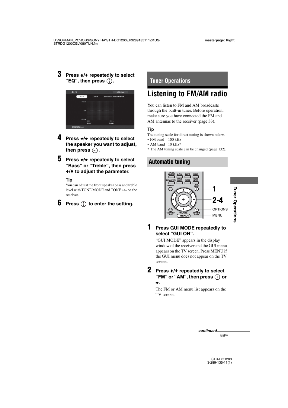 Tuner operations, Listening to fm/am radio, Tuner operations automatic tuning | Sony R-DG1200 User Manual | Page 69 / 136