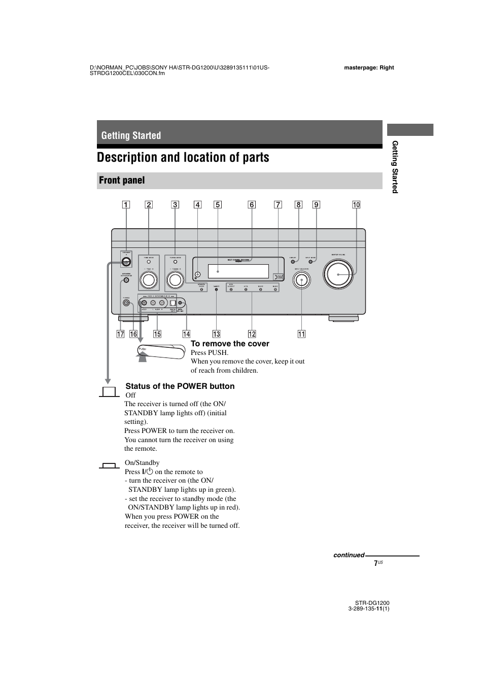 Getting started, Description and location of parts, Getting started front panel | Sony R-DG1200 User Manual | Page 7 / 136