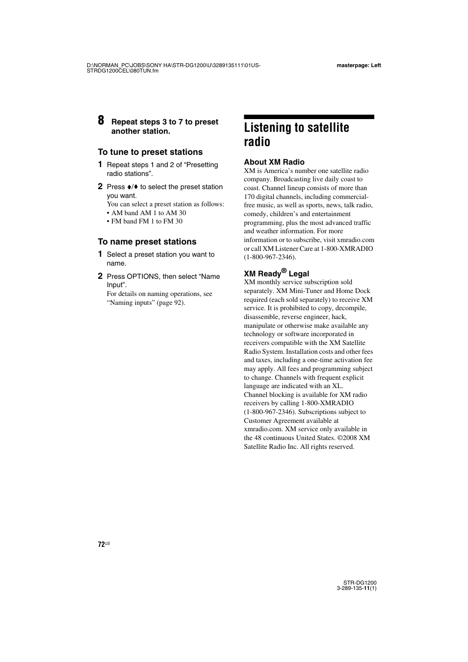 Listening to satellite radio | Sony R-DG1200 User Manual | Page 72 / 136