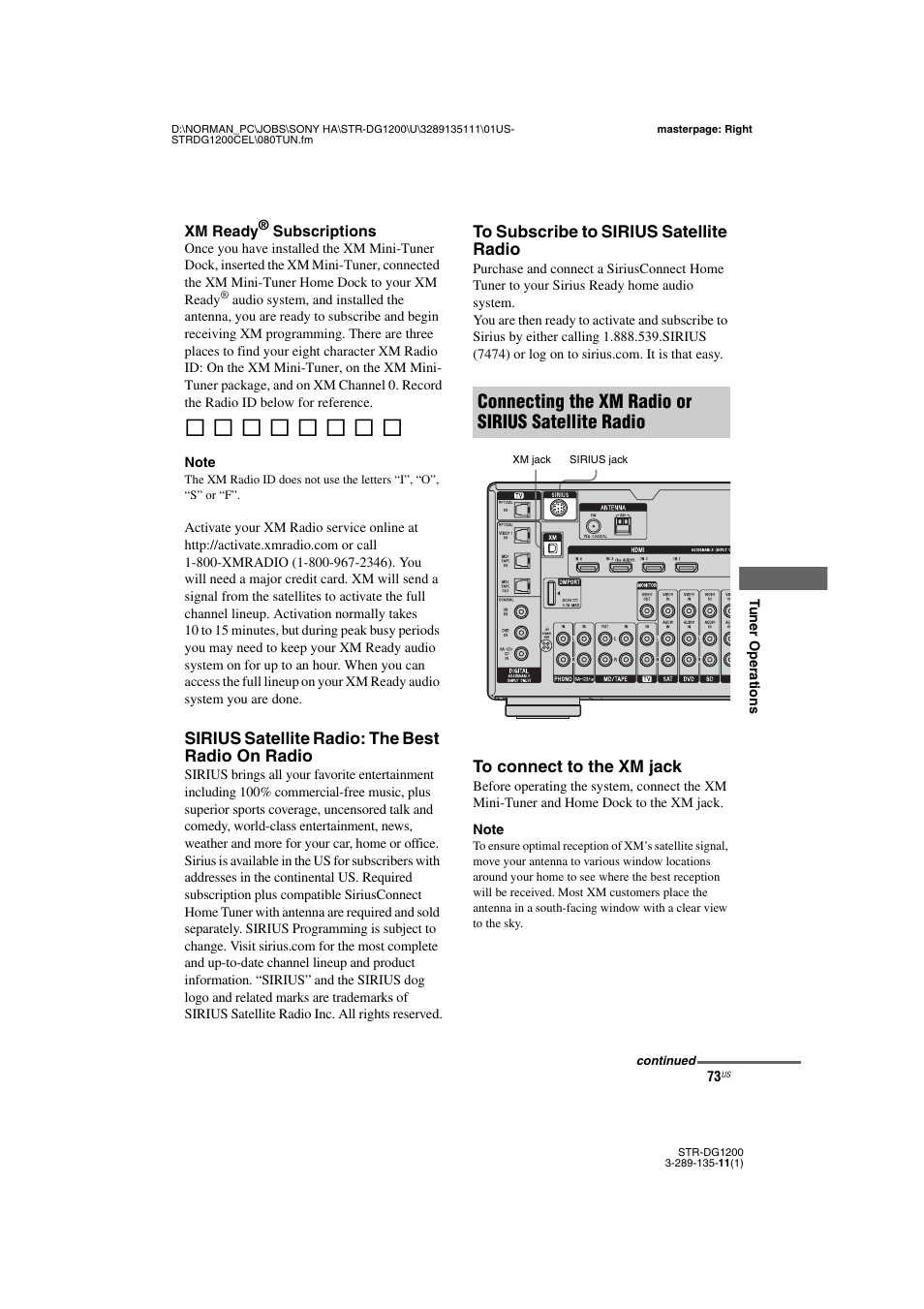 Connecting the xm radio or sirius satellite radio | Sony R-DG1200 User Manual | Page 73 / 136