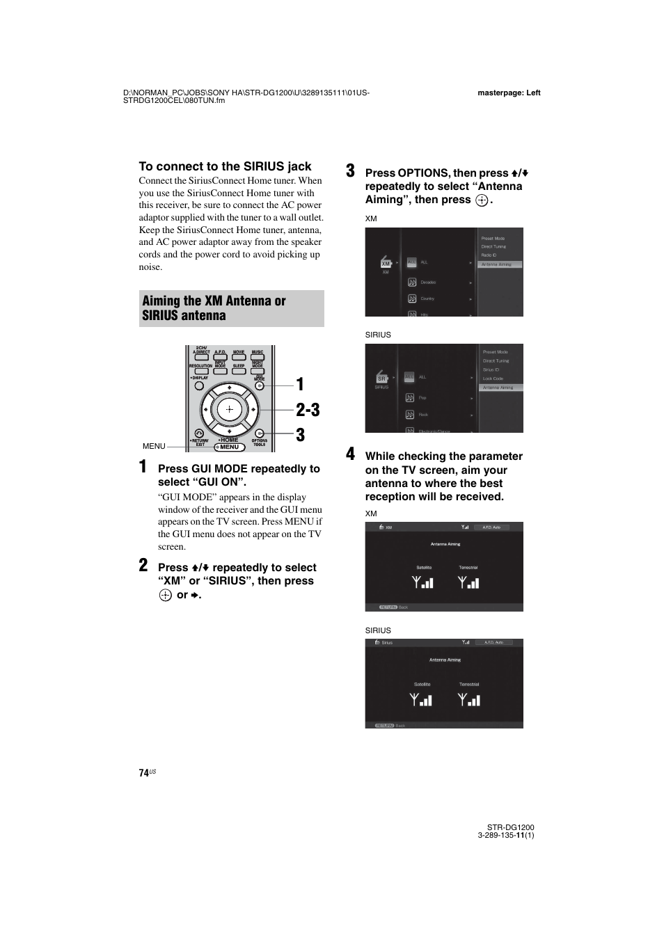 Aiming the xm antenna or sirius antenna, Press gui mode repeatedly to select “gui on | Sony R-DG1200 User Manual | Page 74 / 136